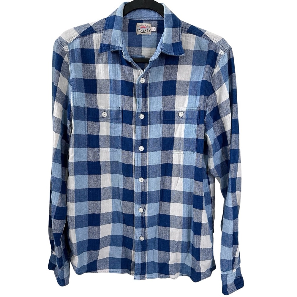 Faherty Brand Men's Herringbone Flannel Shirt Blue White Buffalo Plaid Size S